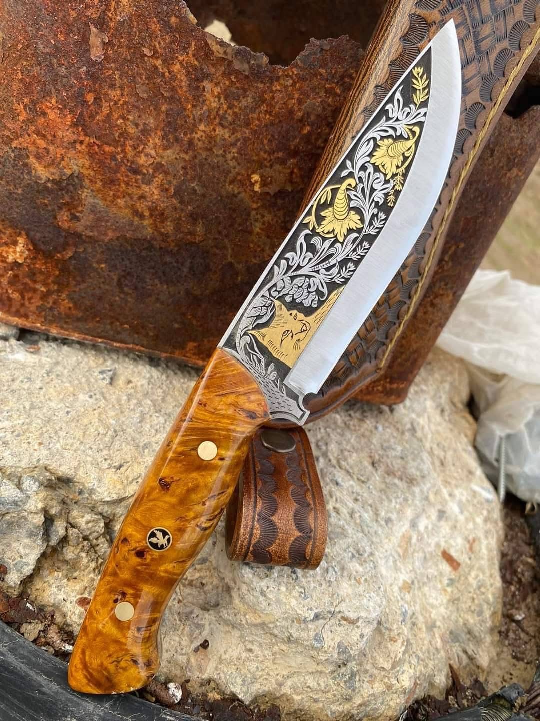 Custom Handmade Engraved Skinner Knife - Collectible Camping Knife with Leather Sheath