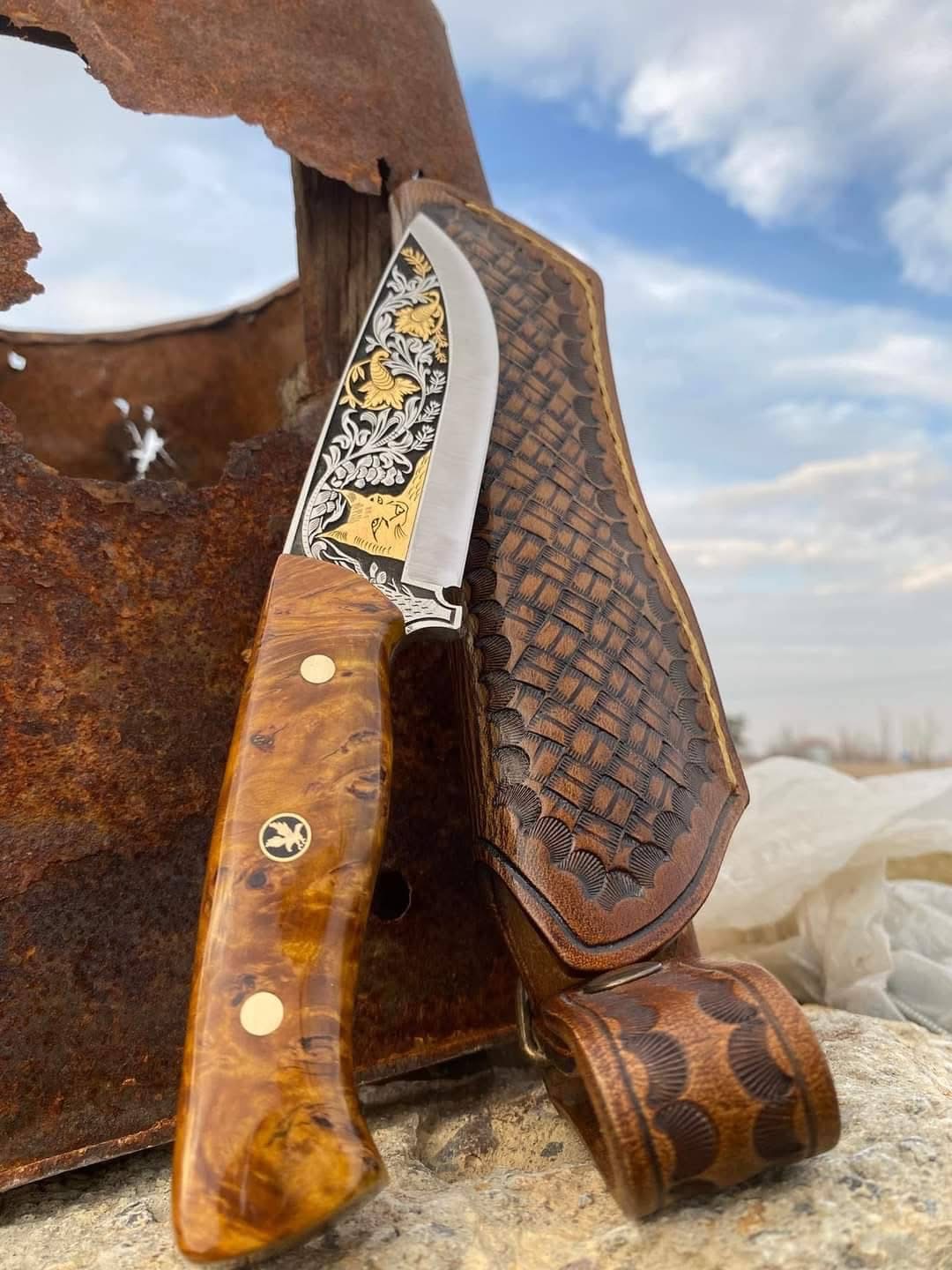 Custom Handmade Engraved Skinner Knife - Collectible Camping Knife with Leather Sheath