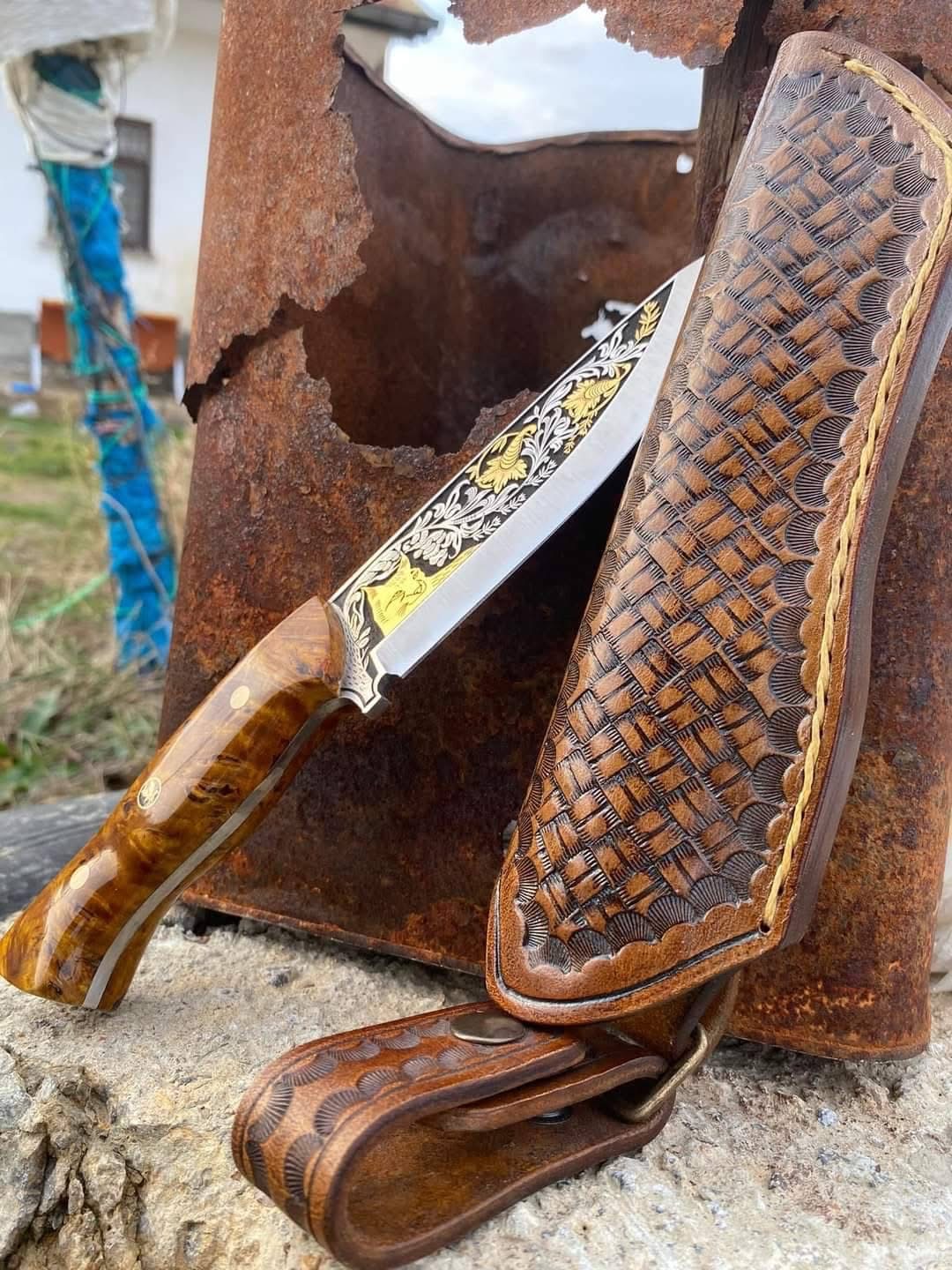 Custom Handmade Engraved Skinner Knife - Collectible Camping Knife with Leather Sheath