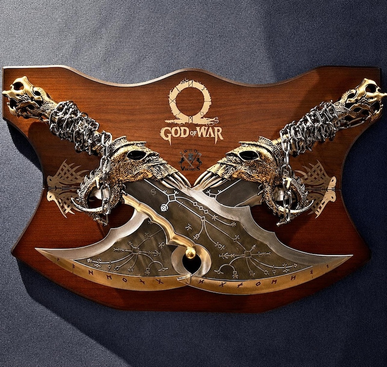 God of War - Kratos Blades of Chaos Wall Mount Display | Handcrafted Gaming Collectible on Wooden Plaque